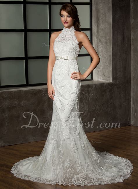 Trumpetmermaid Halter Chapel Train Tulle Lace Wedding Dress With Bows