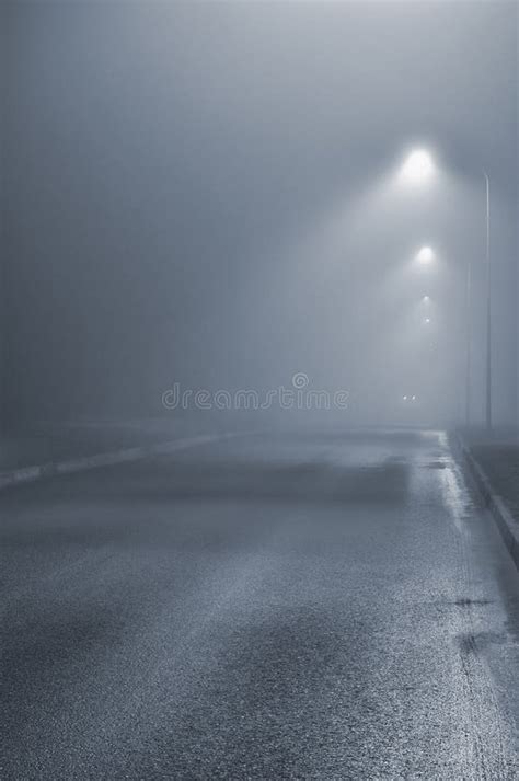 Street Lights Foggy Misty Night Lamp Post Lanterns Deserted Road In