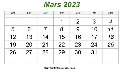 Calendrier Mars 2023 à Imprimable The Calendrier
