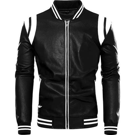 Mens Stand Collar Black And White Faux Leather Bomber Jacket