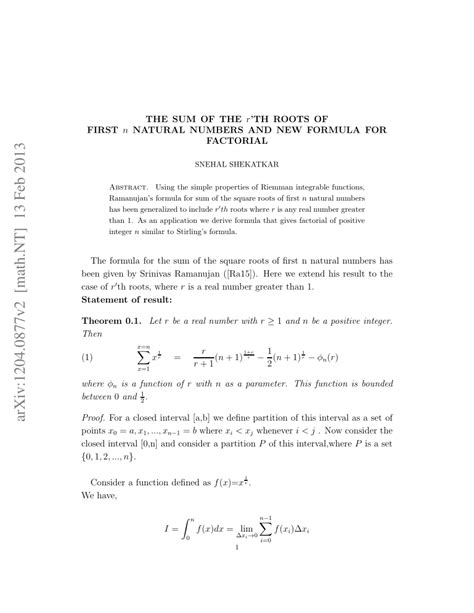 Find the asymptotic formula for. (PDF) The sum of the r'th roots of first n natural numbers ...