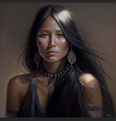 A Painting Of A Native American Woman With Long Black Hair And Jewelry