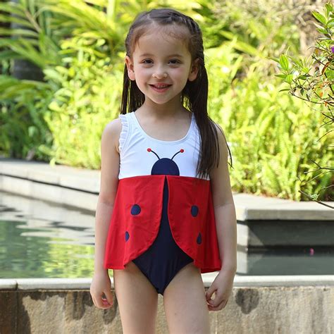 Cute Ladybird Girls Swimwear Kids One Piece Swimsuit Lovely Skirt Baby