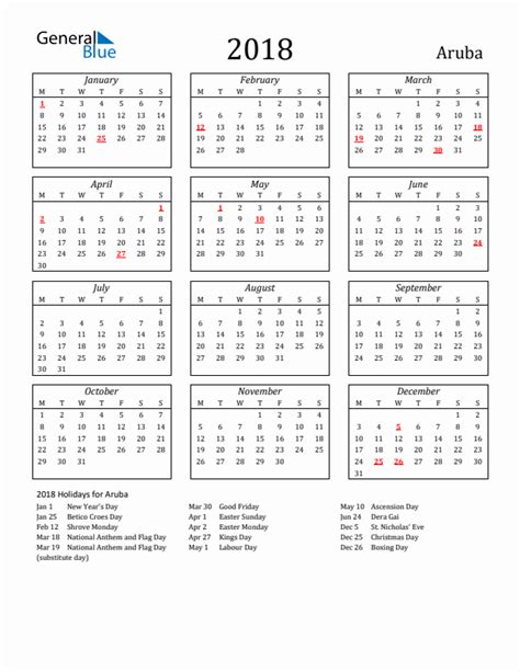2018 Aruba Calendar With Holidays
