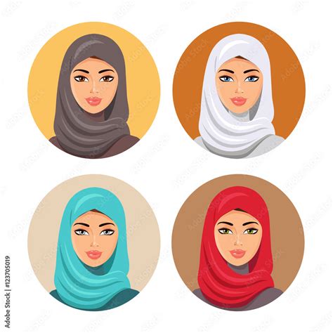 Stockvector Beautiful Muslim Woman Icons Set Female Portrait In Hijab