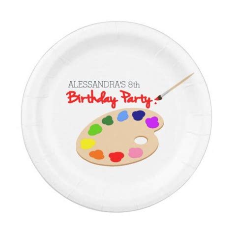 A Paper Plate With An Artists Palette And The Words Birthday Party On It