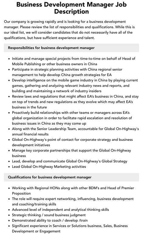 Business Development Manager Roles And Responsibilities