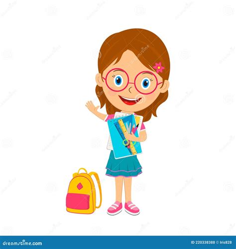 Cute Cartoon Girl Stand With School Supplies Stock Vector