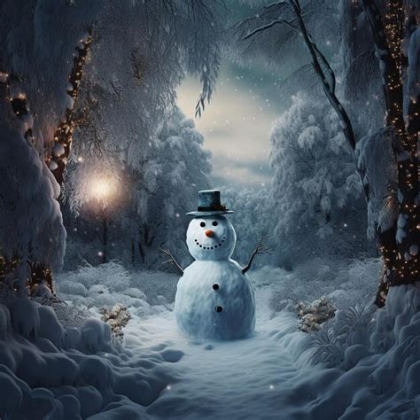 Premium Ai Image Snowy Scene With A Snowman In The Middle Of A Snowy Forest Generative Ai