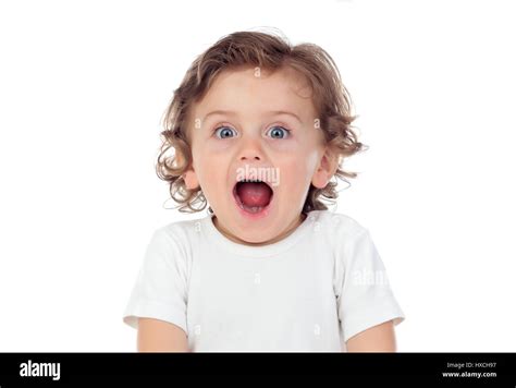 Surprised Baby With Blue Eyes Isolated On A White Background Stock