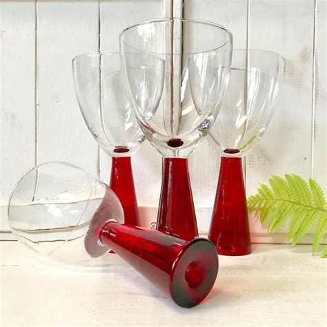 Vintage Red Stemmed Wine Glasses C1970s Red Glass 70s Style