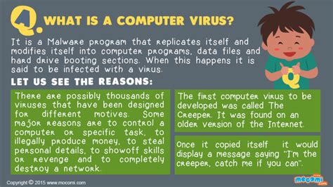 When contracted, they can both remain dormant in the system only to become active when you least expect them to. What is a Computer Virus? - Answer Me for Kids | Mocomi