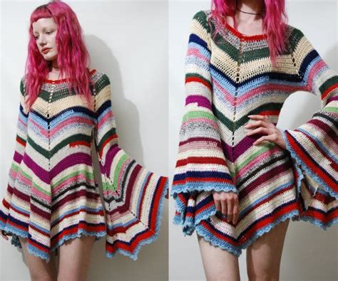 Crochet Dress Vintage Colourful Stripe Granny Square Bell Etsy