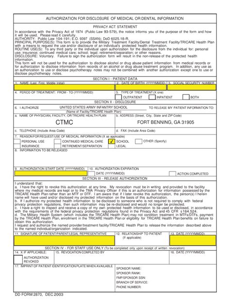 Fillable Online Benning Army Dd Form 2870 Authorization For Disclosure