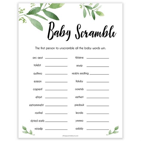 Baby Shower Word Scramble Botanical Baby Shower Games Ohhappyprintables