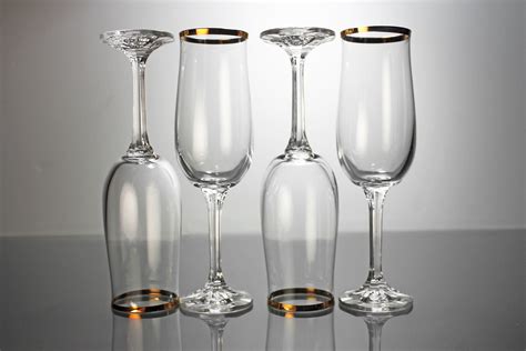 Crystal Champagne Flutes Bohemia Czechoslovakia Geneve Gold Trimmed Set Of 4 Barware