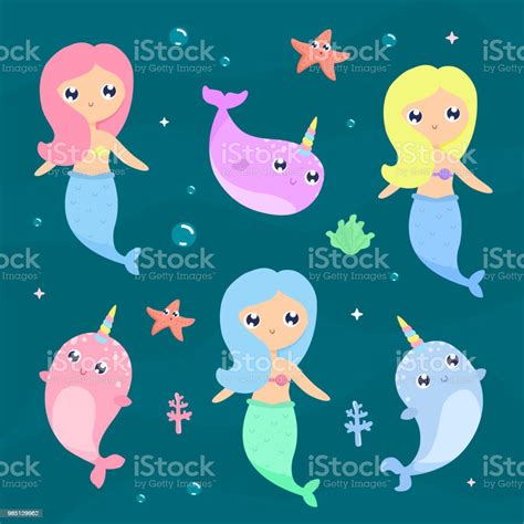 Mermaid And Narwhals Vector Illustration Stock Illustration Download Image Now Istock