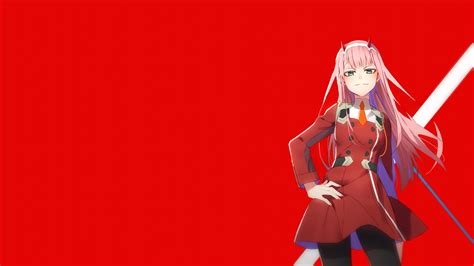 Darling In The Franxx Green Eyes Zero Two On Side With Red Background