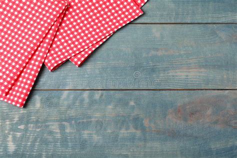 Checkered Picnic Napkin On Wooden Background Space For Text Stock