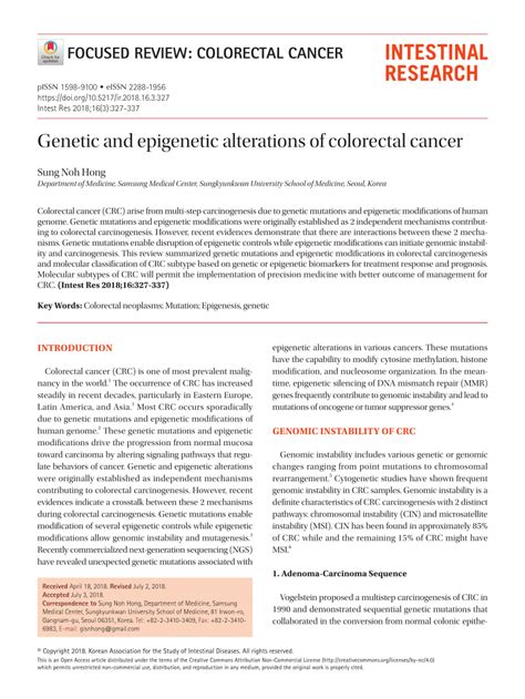 Pdf Genetic And Epigenetic Alterations Of Colorectal Cancer