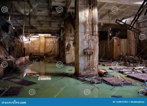 Flooded Collapsed Basement Of Abandoned Industrial Building Stock Image