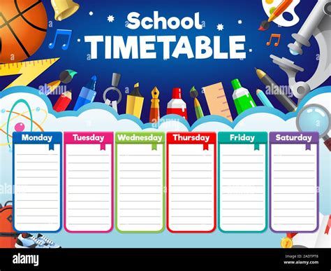 Colorful School Timetable Weekly Schedule With Supplies And Student
