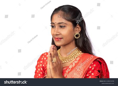 Portrait Beautiful Indian Girl Greeting Pose Stock Photo 2190274749