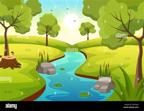 River Landscape Illustration With View Mountains Green Fields Trees