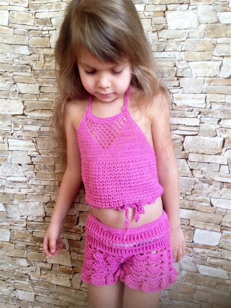 Crop tops for kids, especially designed for active kids. Crochet toddler crop top Lace shorts Vacation clothing ...