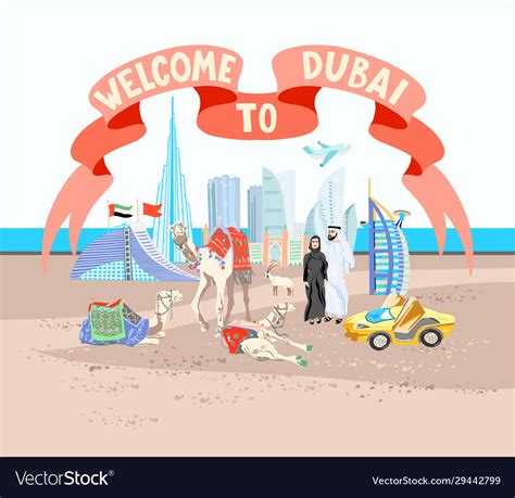 Welcome To Dubai Ribbon Poster With Hand Drawing Vector Image