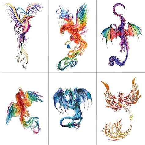 Hxman Colorful Watercolor Phoenix Dragon Temporary Tattoos