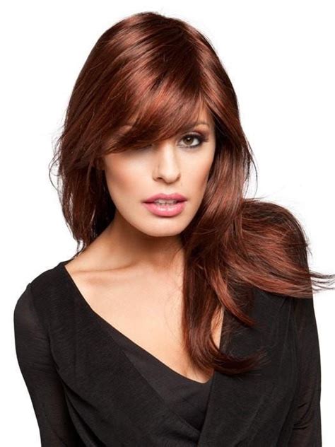 A wide variety of long auburn hair options are available to you, such as hair extension type, virgin hair ··· cosplay party remy hair blunt bangs long auburn brown wig bd127. Long Layered Red Wigs For Women with Side Bangs