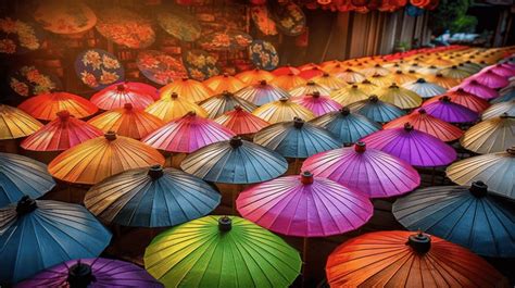 Many Umbrellas Are Lined Up With Colorful Lights Background Colorful