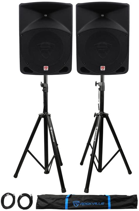 Pair Rockville Rpg10 10 1200w Powered Padj Speakers 2 Stands 2