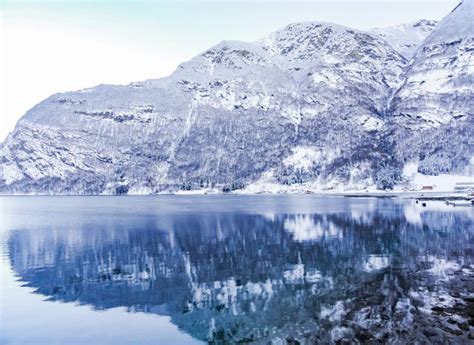 Winter Landscape At The Frozen Fjord Lake River Framfjorden Norway