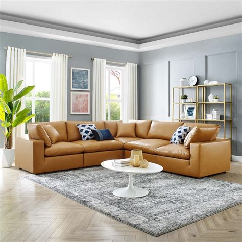 Commix Down Filled Overstuffed Vegan Leather 5 Piece Sectional Sofa In
