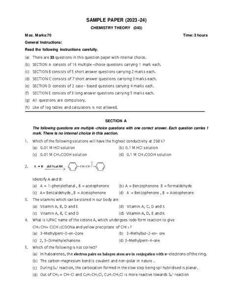 Cbse Class 12 Chemistry Sample Paper 2024 Pdf With Solutions