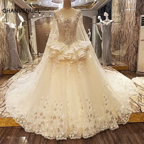 Ls03677 Luxury Wedding Dresses Long Trains Long Cape Lace Ball Gown
