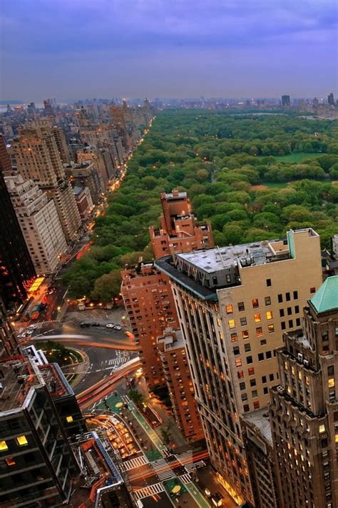 An Aerial View Of The City At Night With Tall Buildings And Green Trees