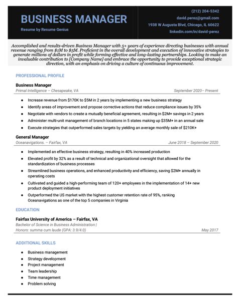 Business Manager Resume Example And Template