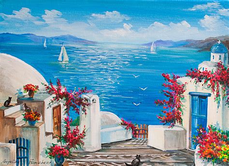 Greek Island Painting On Canvas Santorini Island Art Blue Sea Etsy