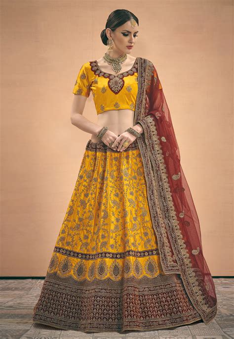 Yellow Satin Embroidered Circular Lehenga Choli 3001