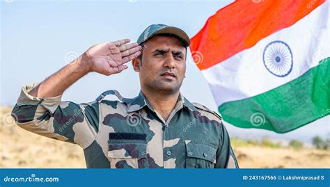 Front View Low Angle Shot Of Proud Indian Army Soldier Saluting While