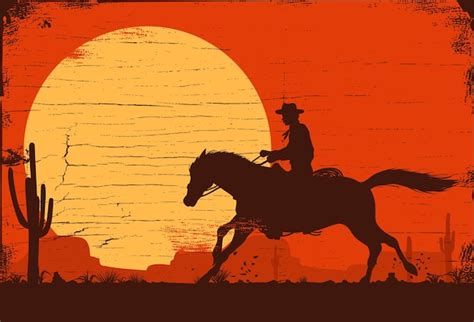 Premium Vector Silhouette Of A Cowboy Riding Horse At Sunset