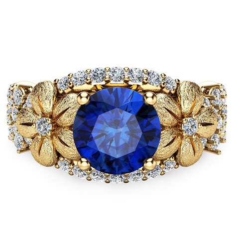 Unique Blue Sapphire Engagement Ring 14k Yellow Gold Flower Ring