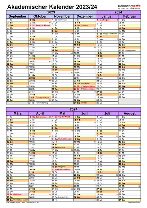 Akademischer Kalender 20232024 Als Excel Vorlagen