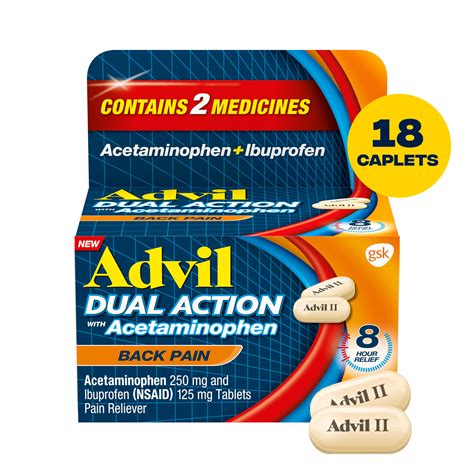 Advil Dual Action Back Pain Caplets Delivers 250mg Ibuprofen And 500mg