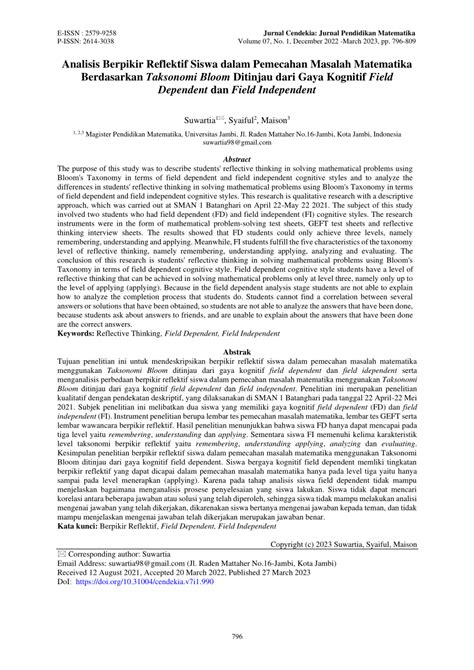 PDF Analisis Berpikir Reflektif Siswa Dalam Pemecahan Masalah