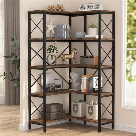 Tribesigns 5 Shelf Corner Bookshelf Large Industrial Corner Bookcase