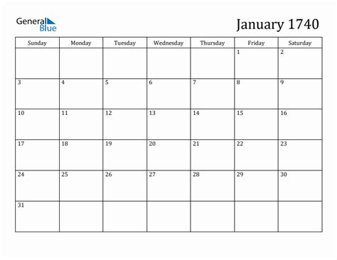 January 1740 Monthly Calendar Pdf Word Excel